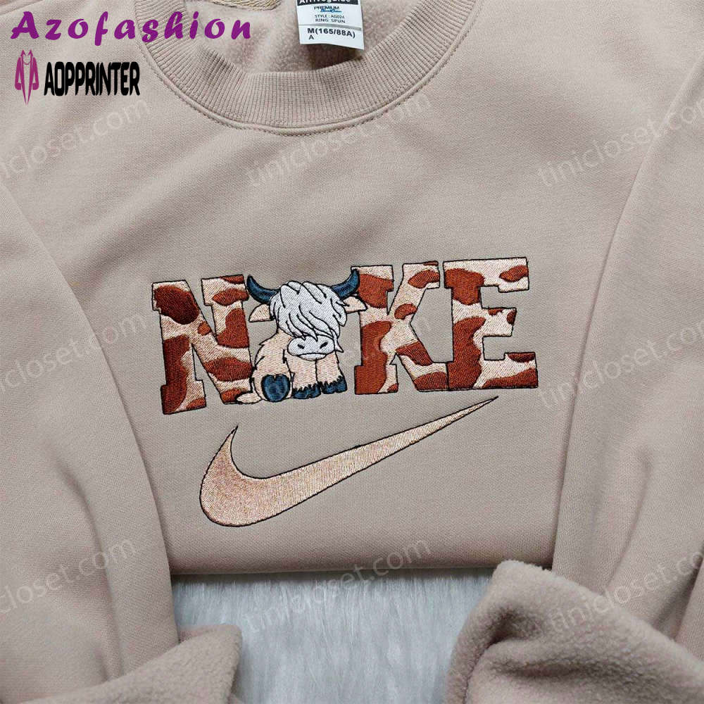 Highland cow nike embroidered shirt – trendy sweatshirt with custom nike style Embroidered Shirt