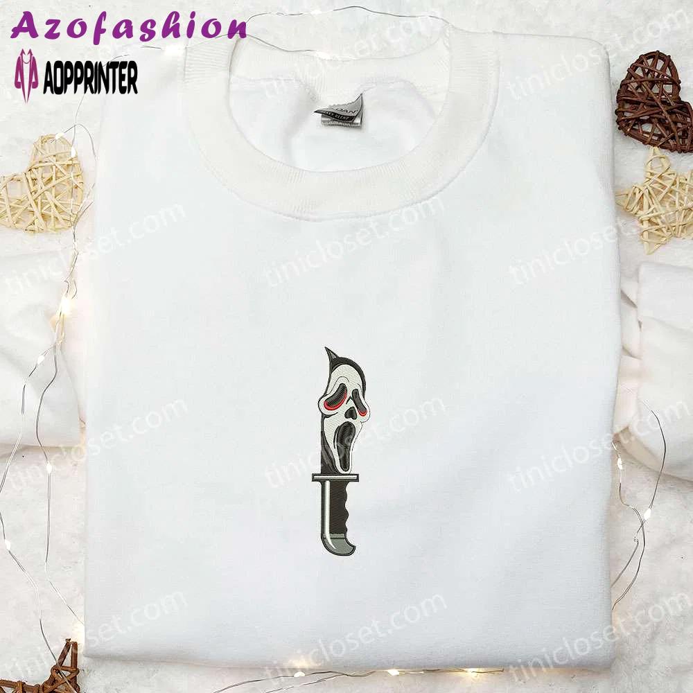 Knife ghost face embroidered hoodie – horror characters sweatshirt: perfect halloween gift! Embroidered Shirt