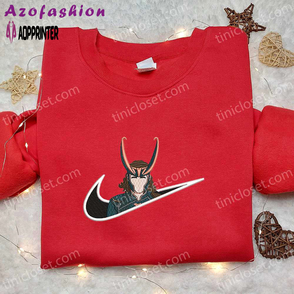 Loki x nike swoosh movie embroidered sweatshirt & marvel universe shirt: nike inspired embroidery Embroidered Shirt