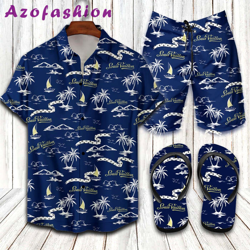 Louis vuitton blue summer hawaiian shirt beach shorts and flip flops combo Hawaii Shirt Shorts & Flip Flops