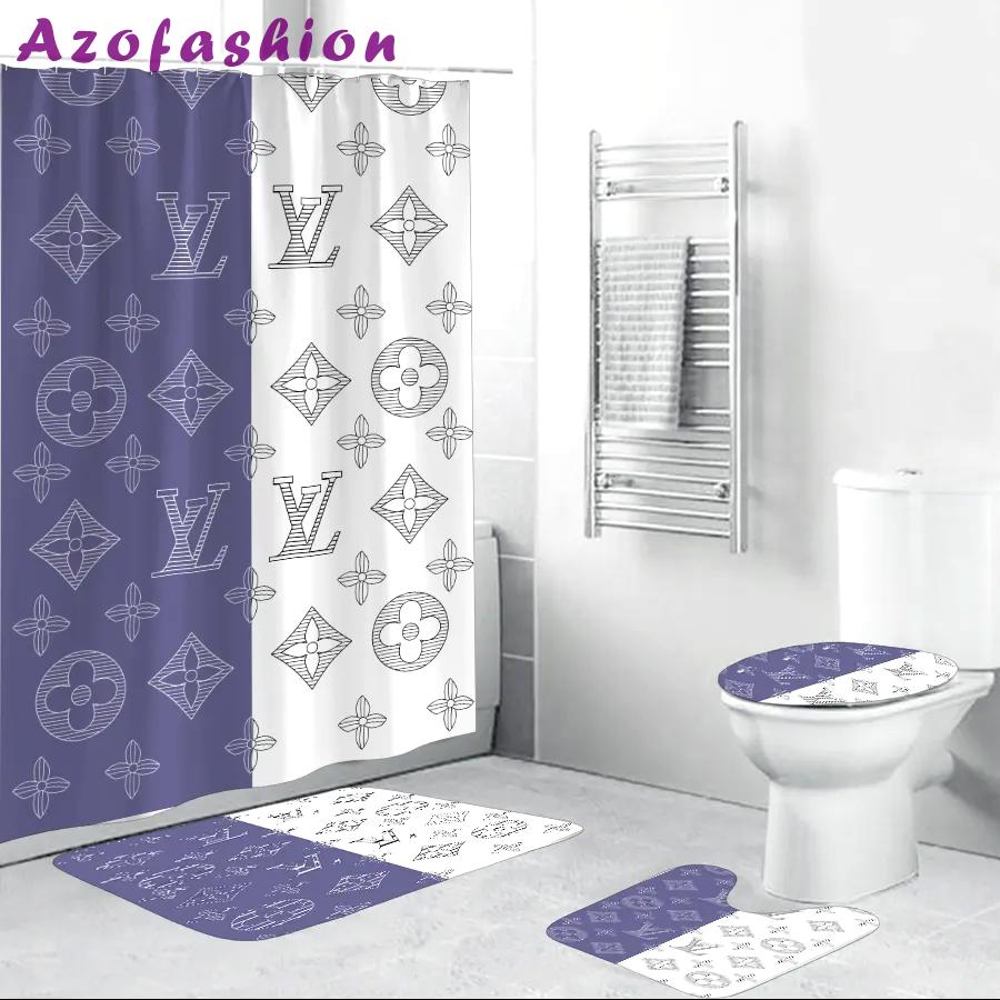Louis vuitton blue white fashion luxury brand premium bathroom set & shower curtain home decor 7 Bathroom Accessory Sets