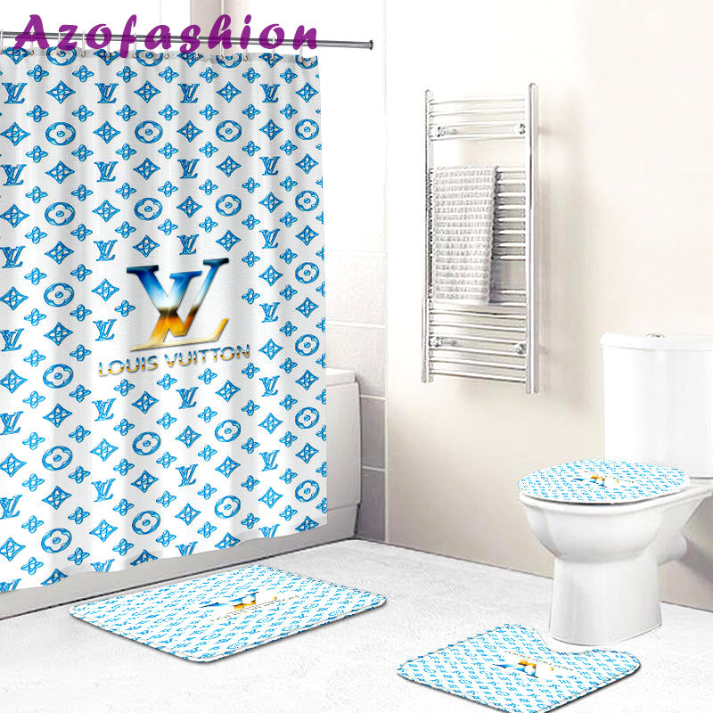 Louis vuitton lv blue logo type 1884 Bathroom Accessory Sets Home Decor Bathroom Sets Hypebeast Bathroom Toilet Cover Pedestal Rug Waterproof Shower Curtain Luxury Fashion Brand Bath Mat Set