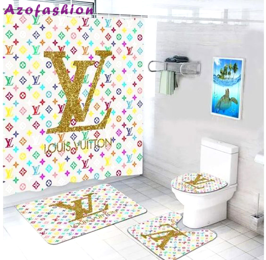 Louis vuitton lv colorful logo type 1780 Bathroom Accessory Sets Pedestal Rug Bath Mat Set Home Decor Bathroom Sets Waterproof Shower Curtain Hypebeast Bathroom Luxury Fashion Brand Toilet Cover