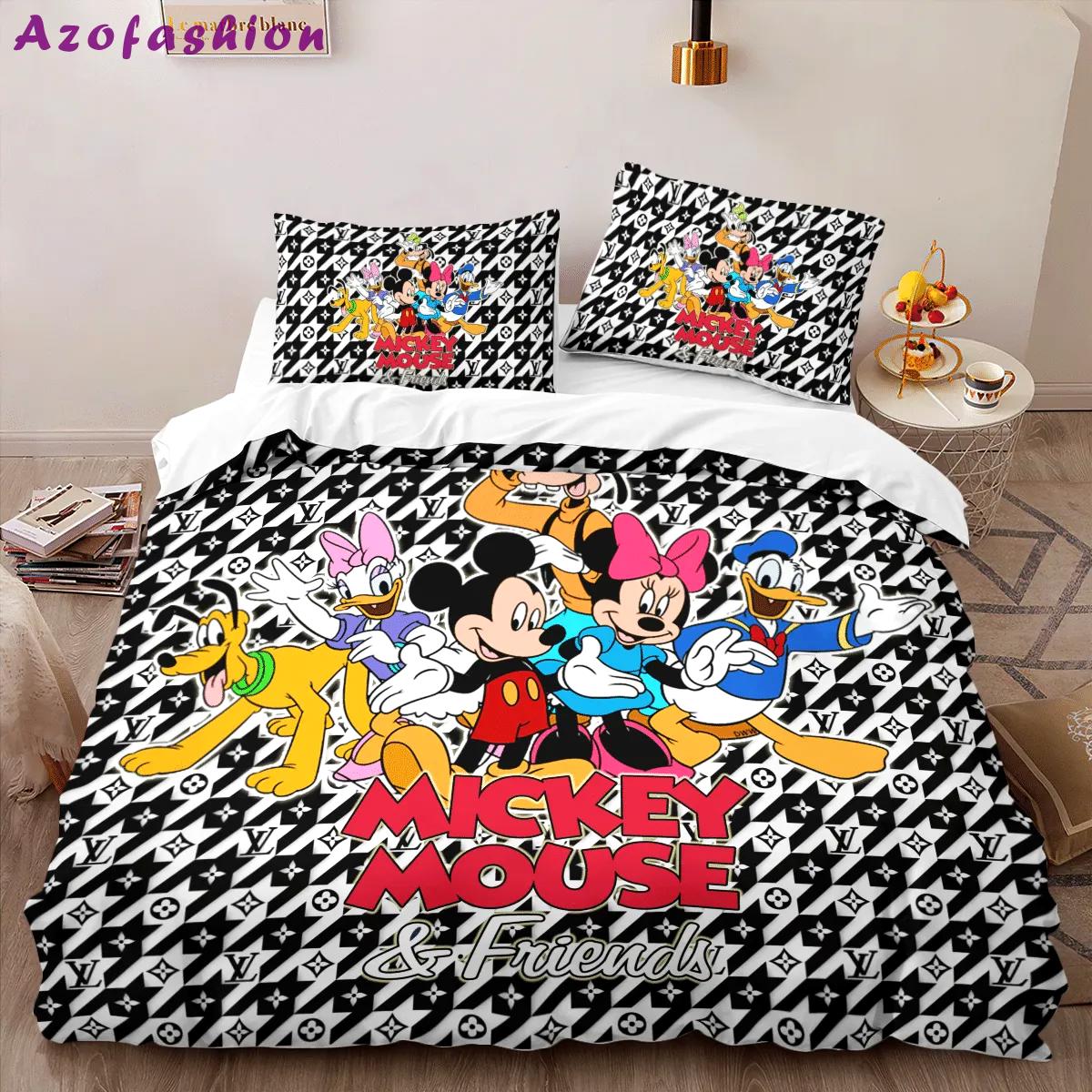 Louis vuitton mickey mouse limited edition luxury brand bedding sets bedspread duvet cover set, bedroom decor , thanksgiving decorations for home best luxury bed sets gift thankgivings and christmas Bedding Sets