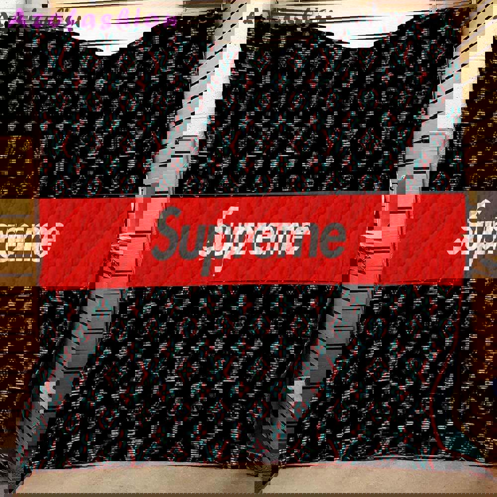 Louis vuitton supreme black logo luxury brand premium quilt blanket fleece home decor 231 Blanket Fleece
