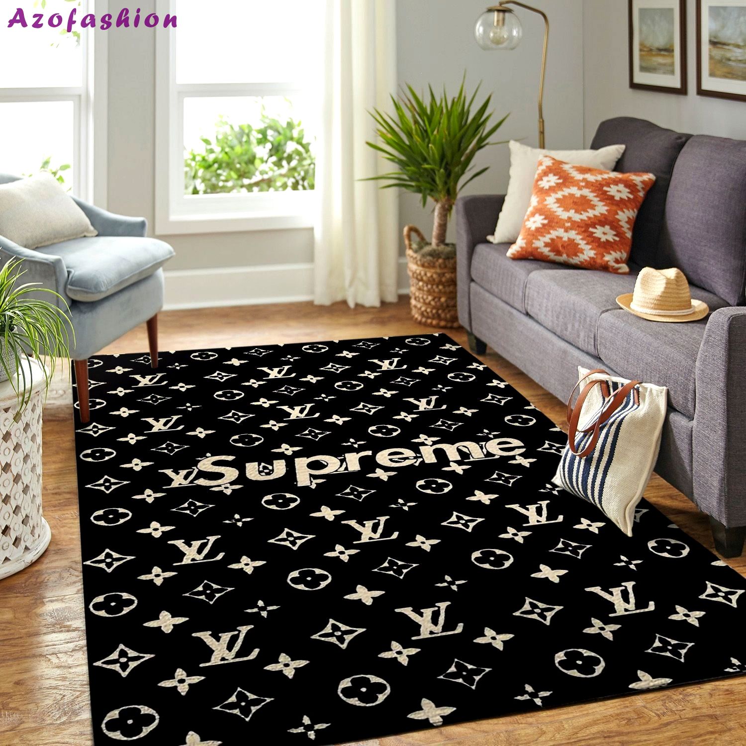 Louis vuitton supreme black logo type 651. Upgrade Your Living Room with Luxury Home Decor: Area Carpets, Floor Decor, Door Mats, and Hot Gift Items with style a High-End Fashion Brand Rectangle Rug
