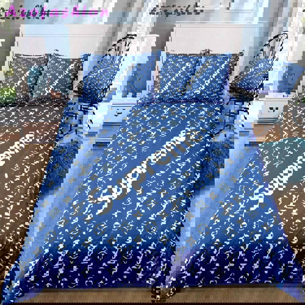 Louis vuitton supreme blue luxury premium bedding sets,bed sets, bedroom sets, comforter sets, duvet cover, bedspread Bedding Sets
