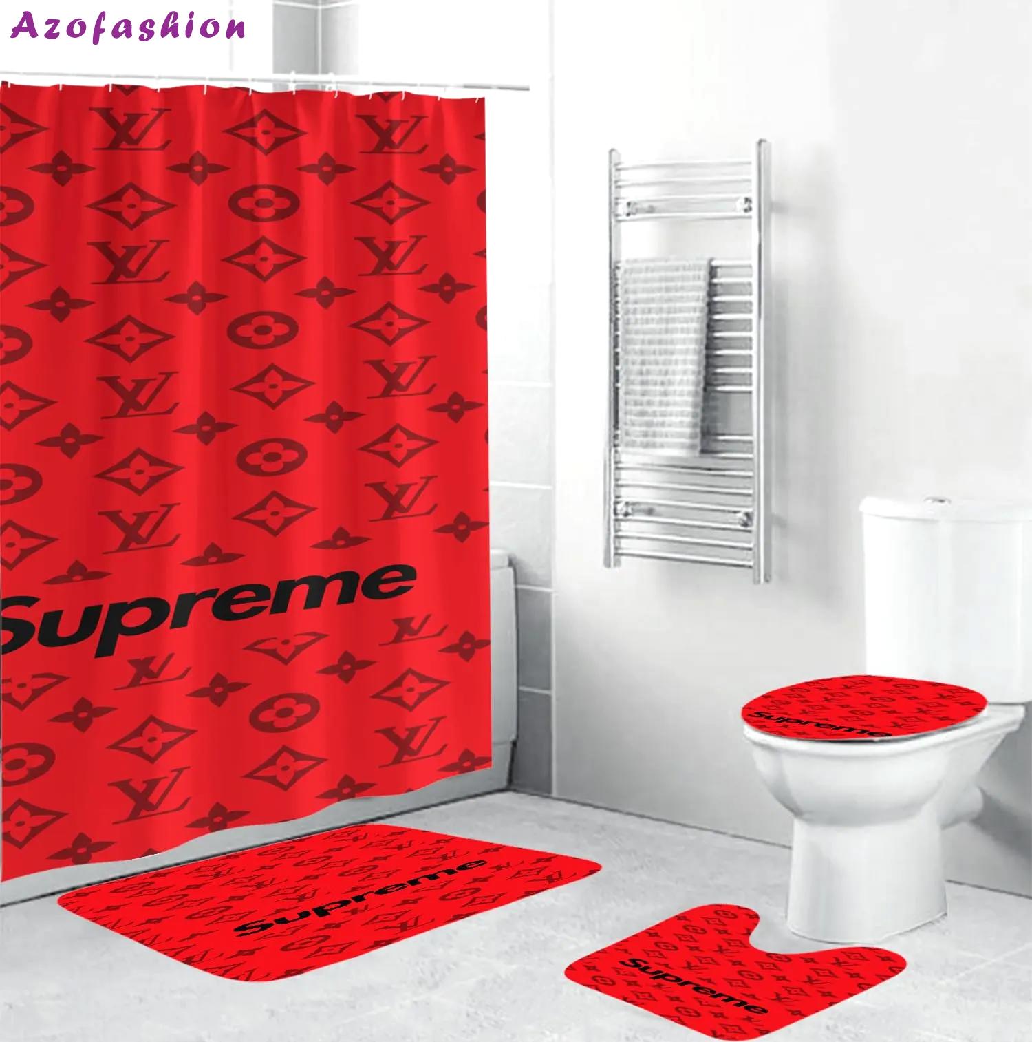 Louis vuitton supreme in red monogram background shower curtain set 375 Bathroom Set