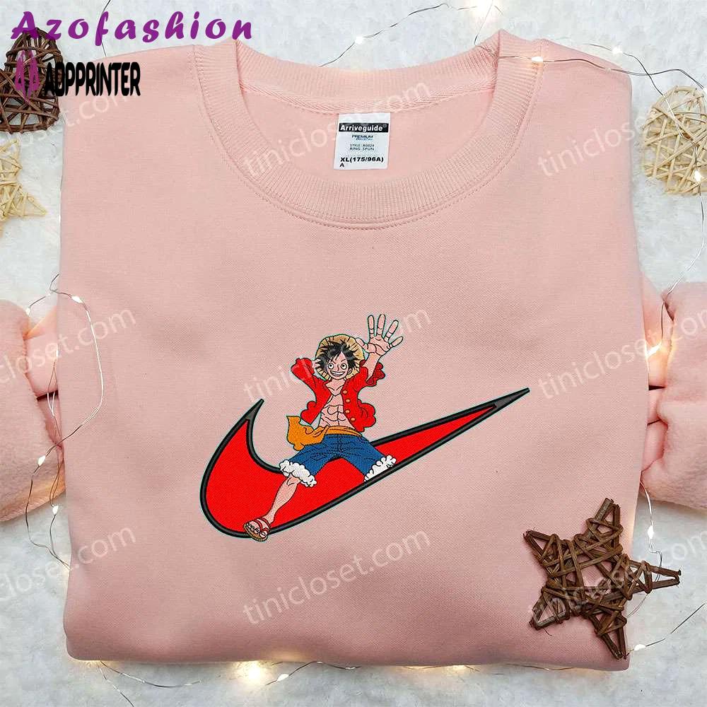 Luffy one piece x nike: swoosh shirt embroidered sweatshirt & hoodie – anime x nike collection Embroidered Shirt