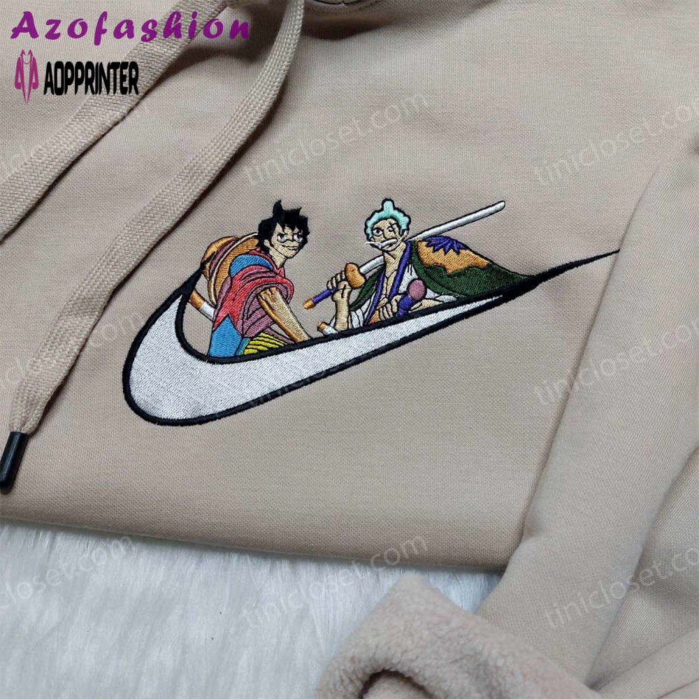 Luffy zoro nike embroidered shirt one piece hoodie & custom swoosh sweatshirt – stylish & unique Embroidered Shirt