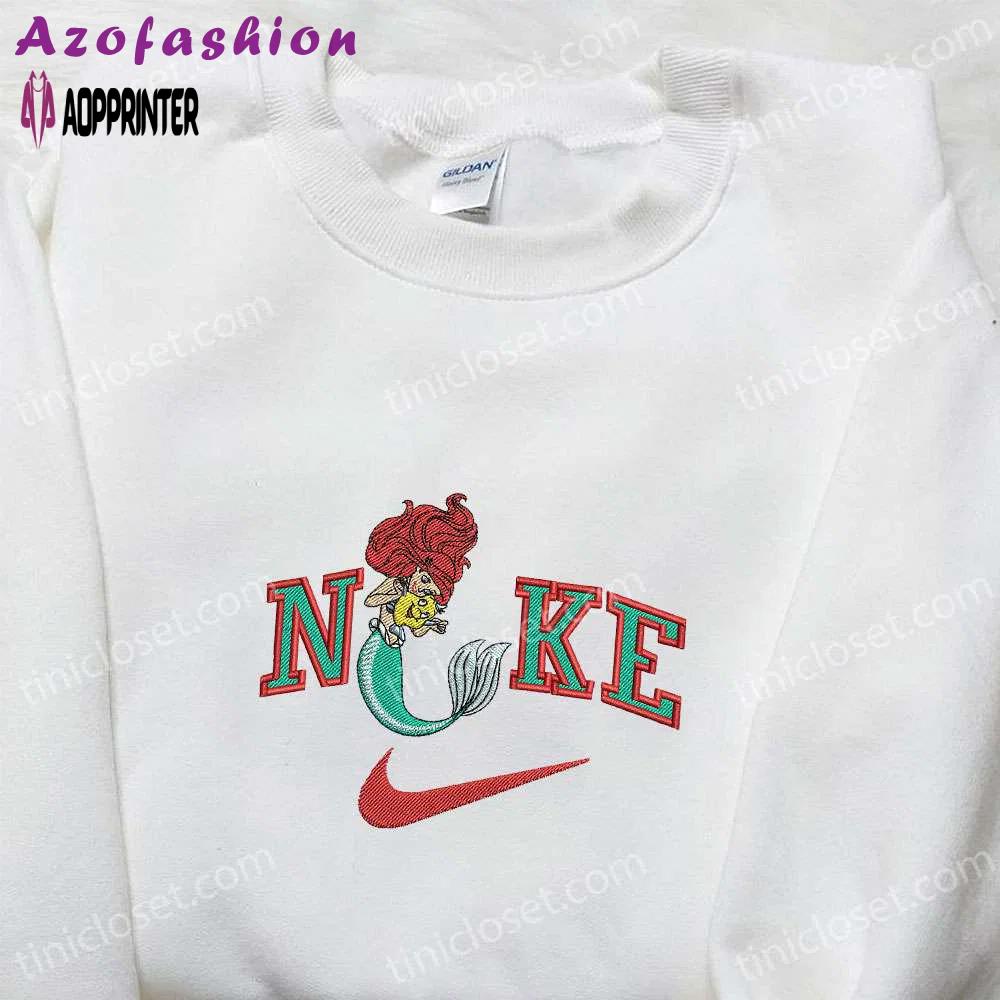 Mermaid ariel x nike cartoon embroidered hoodie & disney characters shirt – nike inspired embroidery Embroidered Shirt