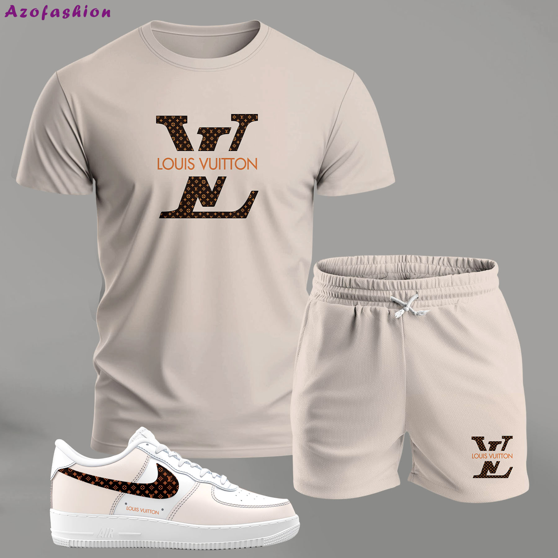 Minimal beige monogram set for men, clean luxury logo t-shirt and shorts combo with matching sneakers T-Shirt Short Sneakers Set