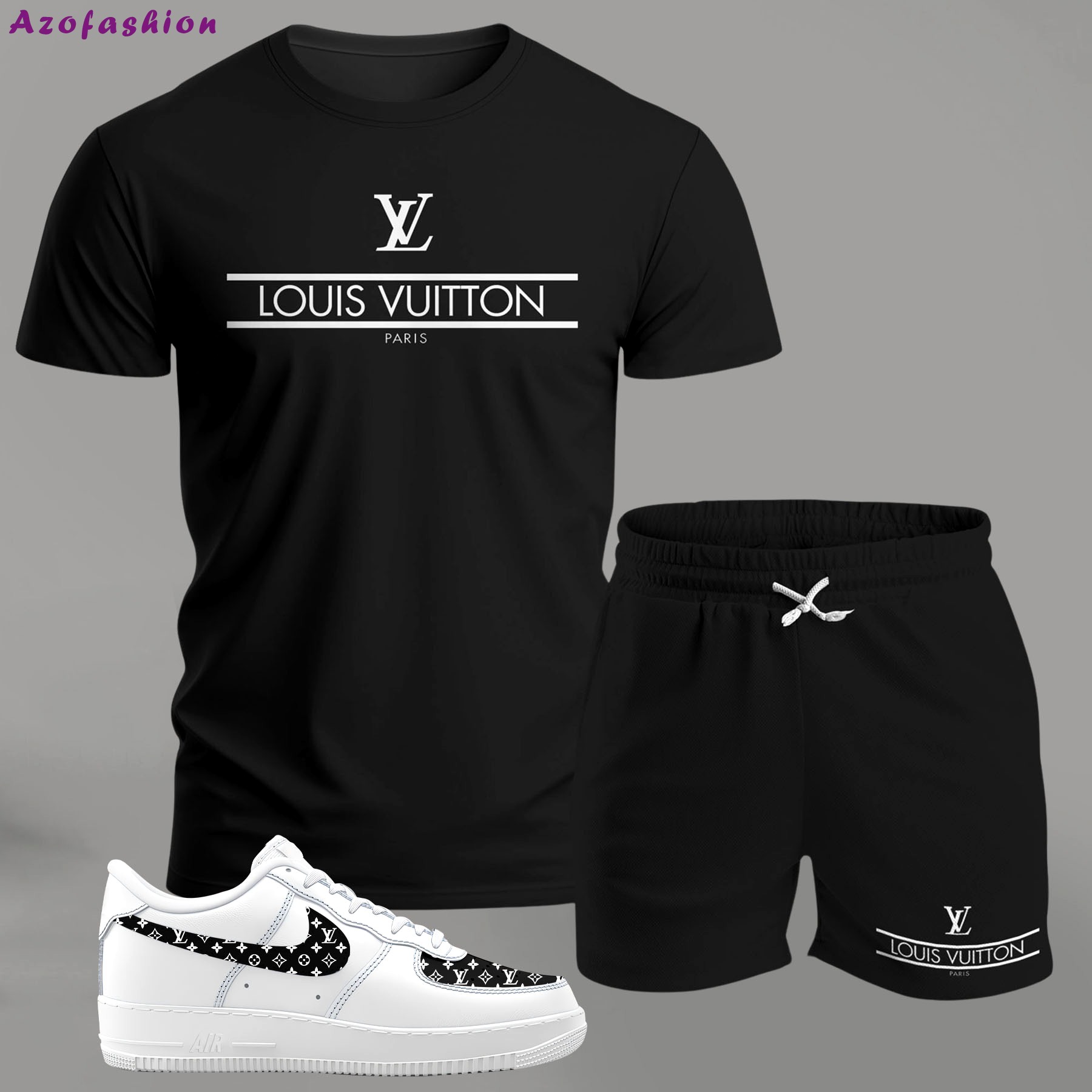 Minimal black logo set for men, clean typography t-shirt and shorts combo with monochrome sneakers T-Shirt Short Sneakers Set