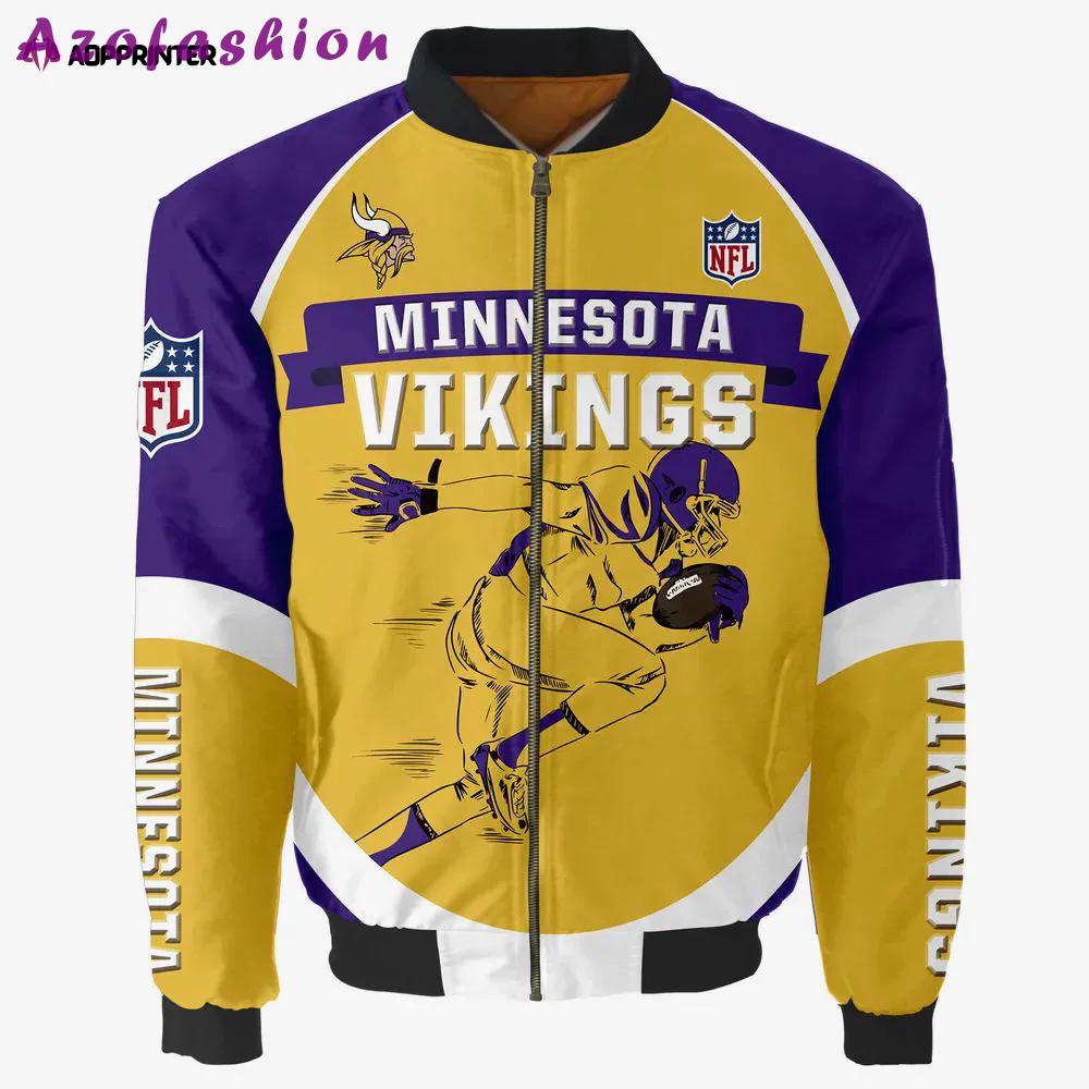 Minnesota vikings team logo pattern bomber jacket – yellow and purple Bomber Jacket