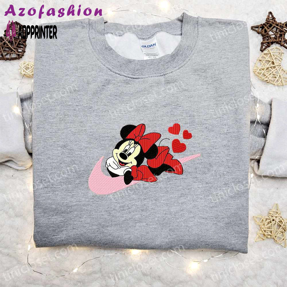 Minnie mouse x nike swoosh cartoon hoodie: best valentine’s day gift nike inspired shirt Embroidered Shirt