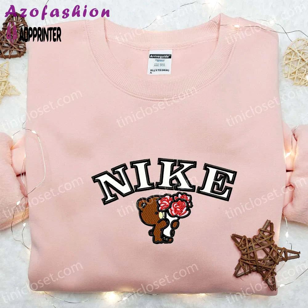 Mocha bear flower x nike cartoon embroidered shirt: best nike inspired birthday gift Embroidered Shirt