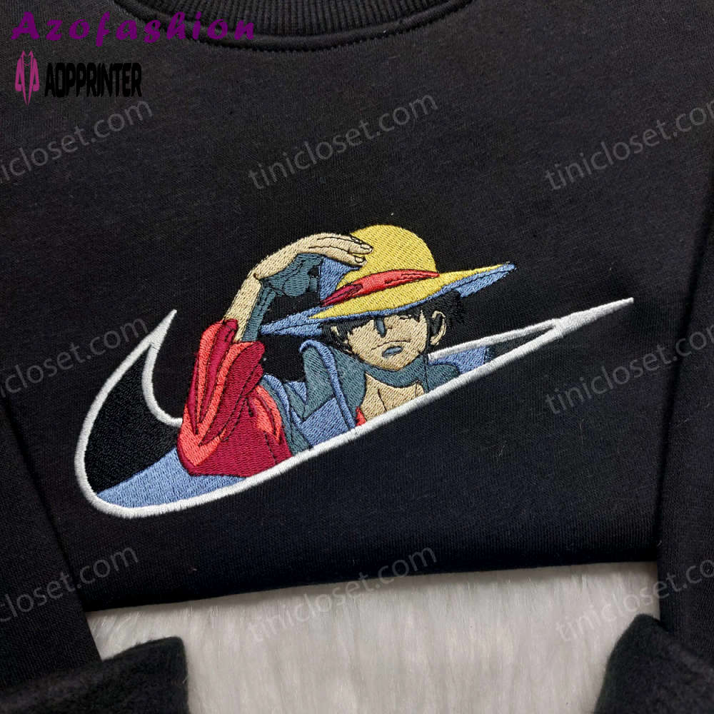 Monkey d luffy embroidered shirt one piece hoodie & custom nike swoosh sweatshirt: unique anime inspired clothing Embroidered Shirt