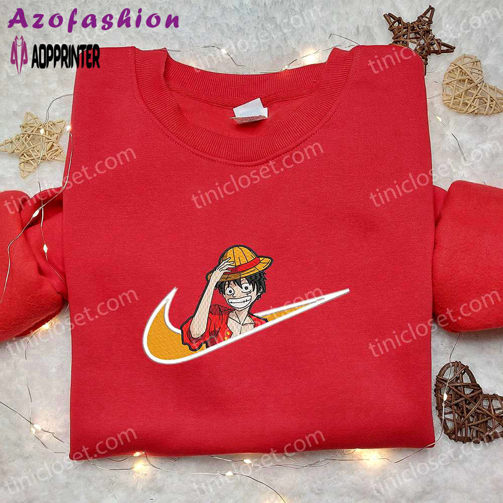 Monkey d luffy x nike anime embroidered sweatshirt: one piece straw hat shirt nike inspired Embroidered Shirt