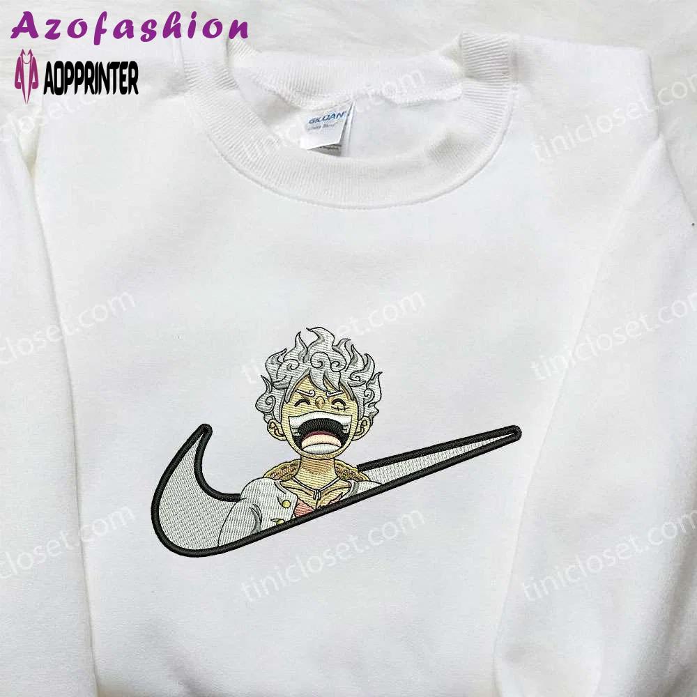 Monkey d luffy x nike swoosh shirt – one piece embroidered anime tee Embroidered Shirt