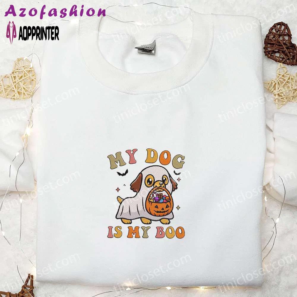 My dog is my boo shirt: kawaii ghost puppy happy halloween embroidered – best family halloween gift Embroidered Shirt