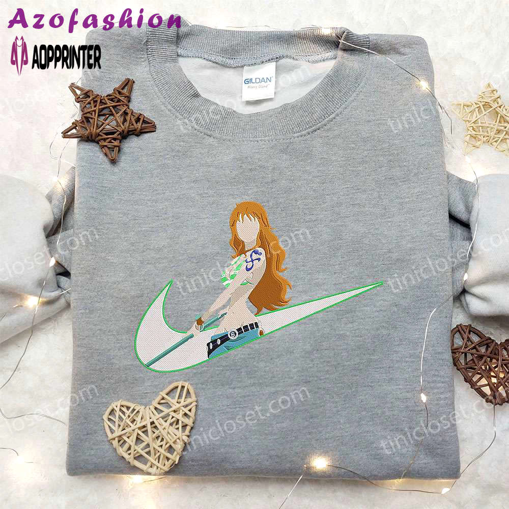 Nami x nike swoosh anime hoodie: one piece & nike inspired embroidered shirt Embroidered Shirt