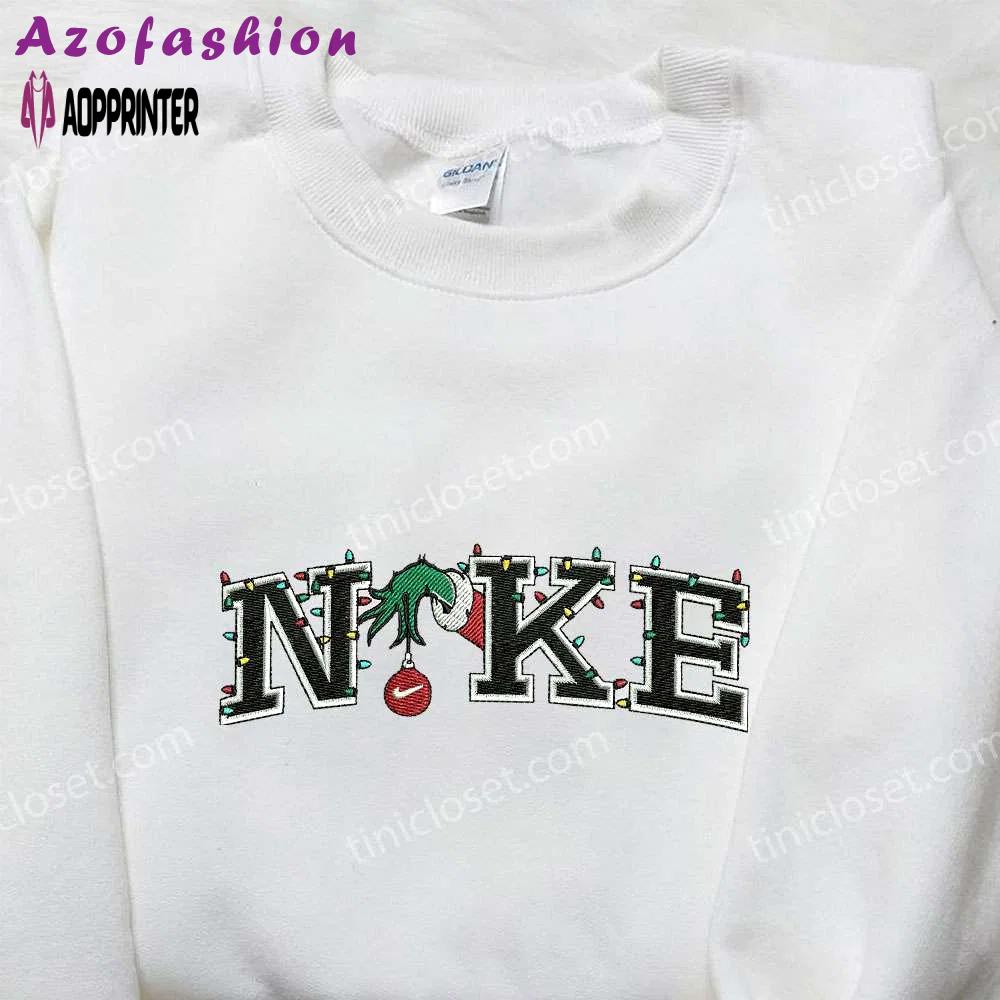 Nike x christmas grinch hand embroidered shirt – custom holiday gift for family Embroidered Shirt
