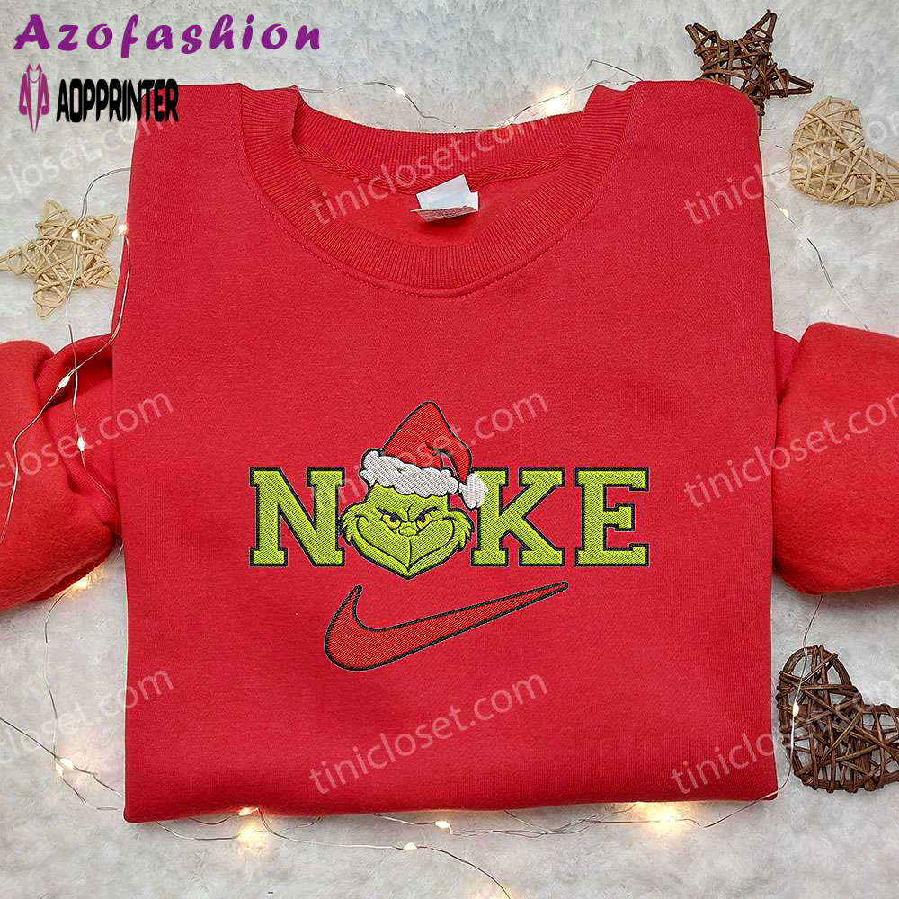 Nike x grinch christmas hat shirt: festive embroidery & best gift for holidays! Embroidered Shirt