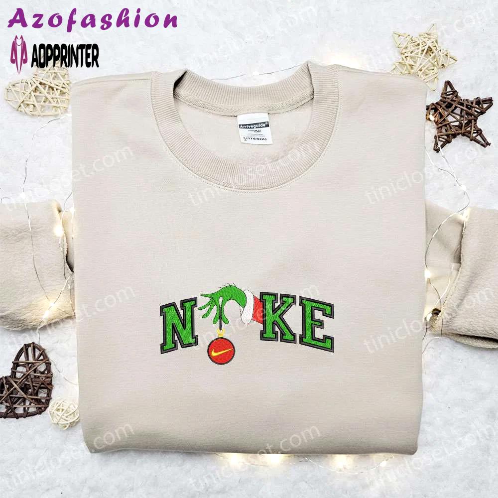 Nike x grinch hand embroidered sweatshirt disney embroidered shirt nike inspired t-shirt Embroidered Shirt