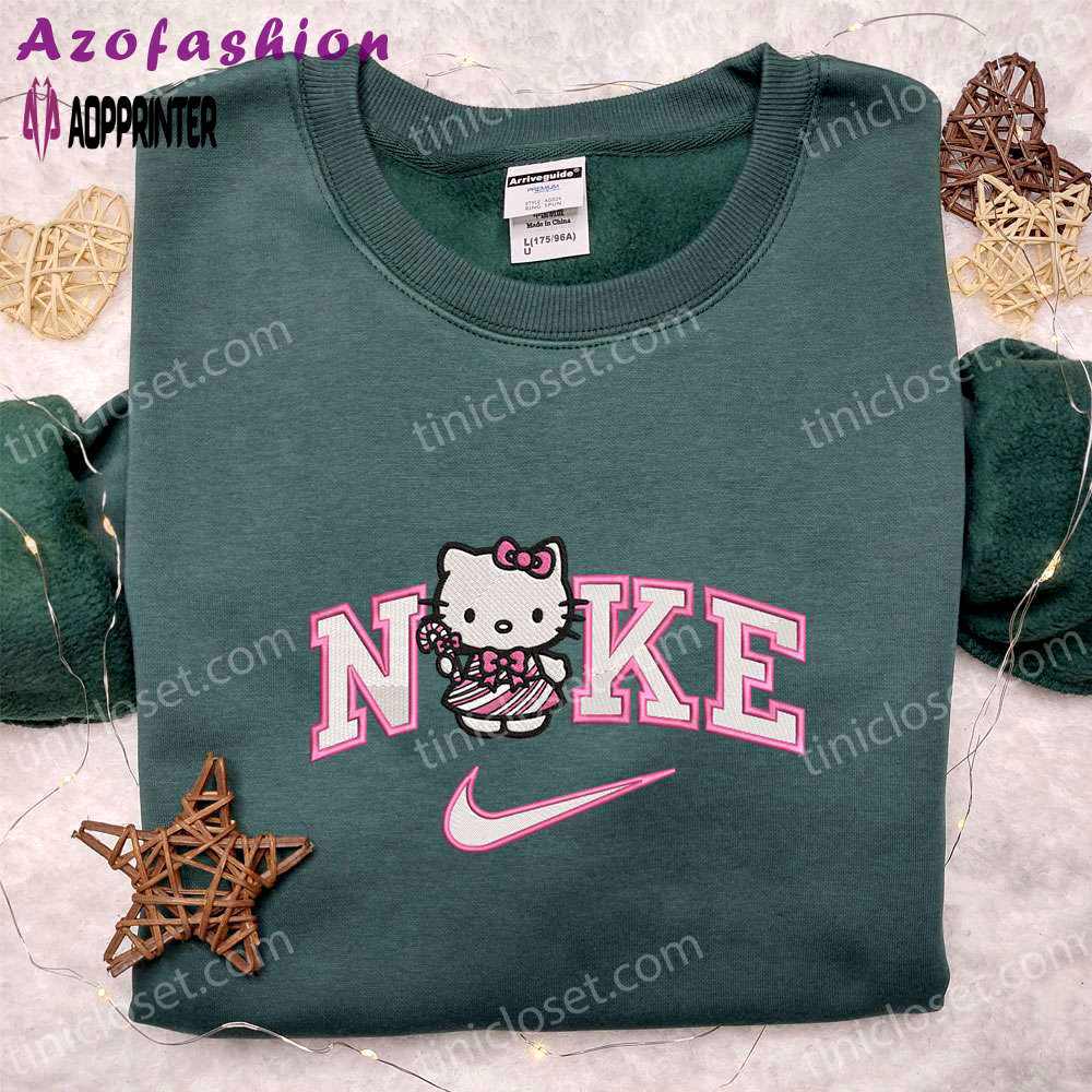 Nike x hello kitty pink candy cane shirt & hoodie: cartoon embroidery for christmas gift ideas Embroidered Shirt