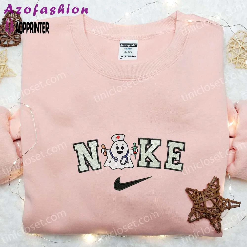 Nike x nurse ghost embroidered shirt: cute halloween gift for halloween lovers Embroidered Shirt
