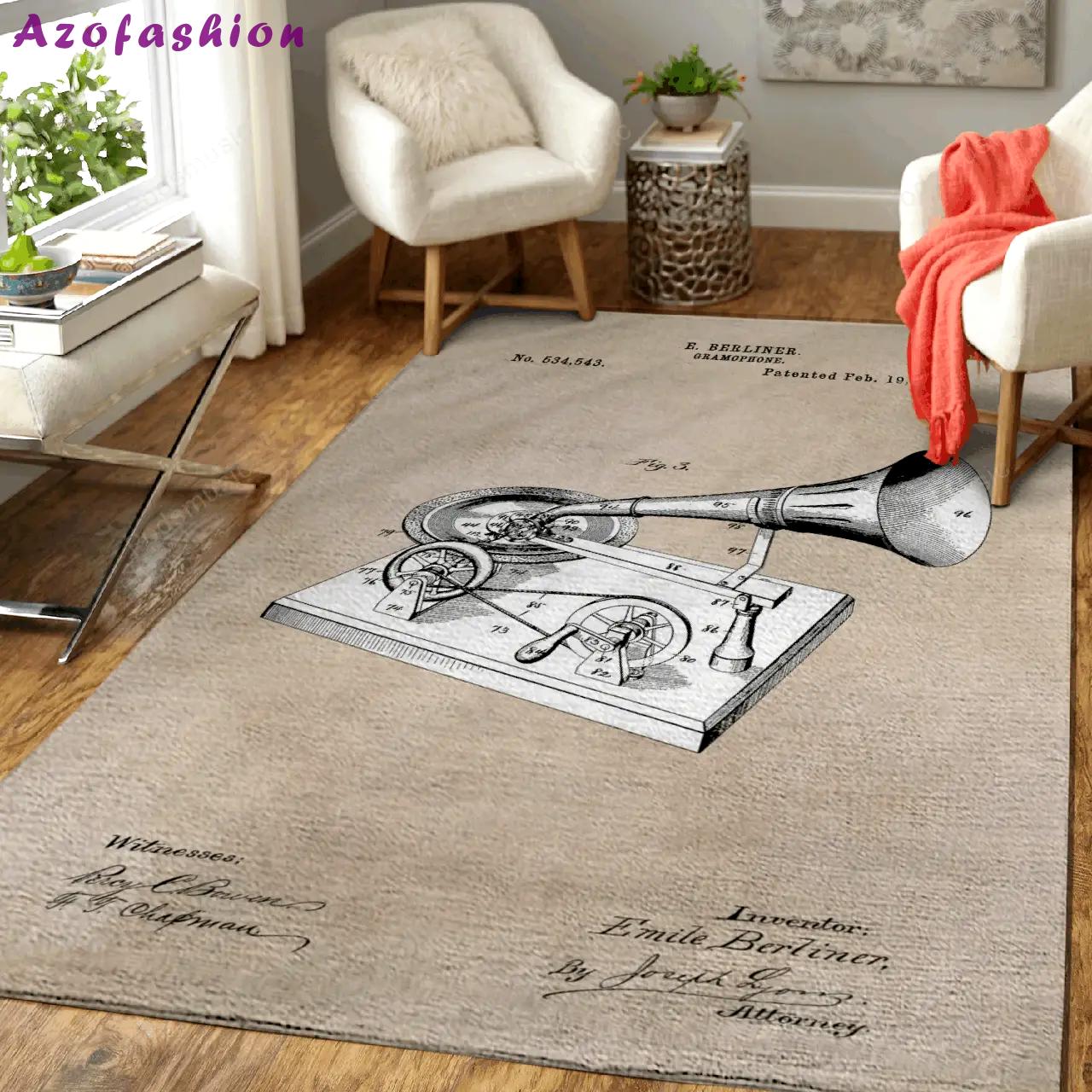 Patent art berliner gramophone 1895 patent music art for fans area rug living room carpet rug regtangle carpet floor decor home decor Rectangle Rug