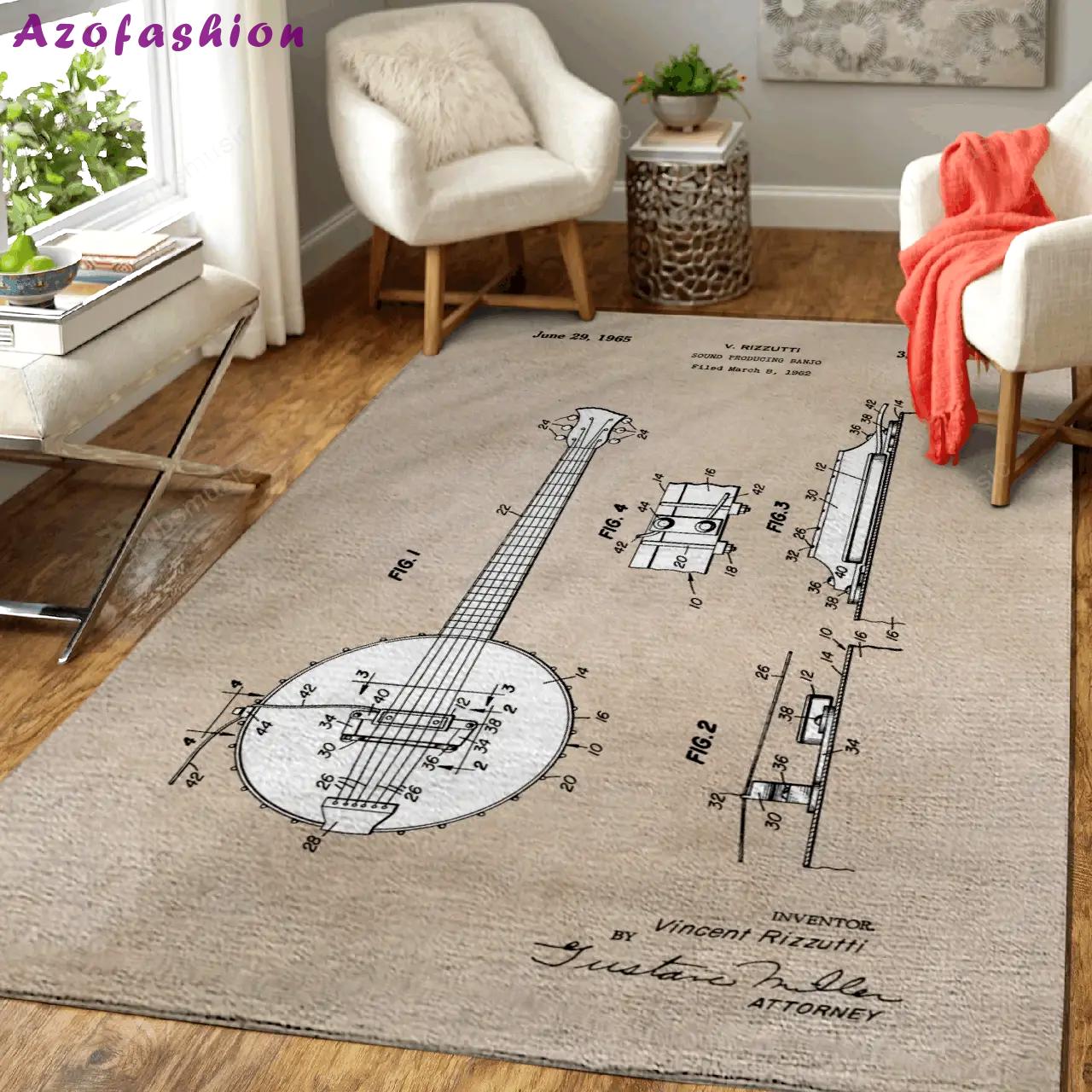 Patent art rizzutti 1965 sound producing banjo patent music art for fans area rug living room carpet rug regtangle carpet floor decor home decor Rectangle Rug