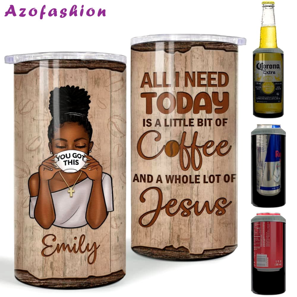 Personalized black queen can cooler black women jesus and coffee Personalized Tumbler