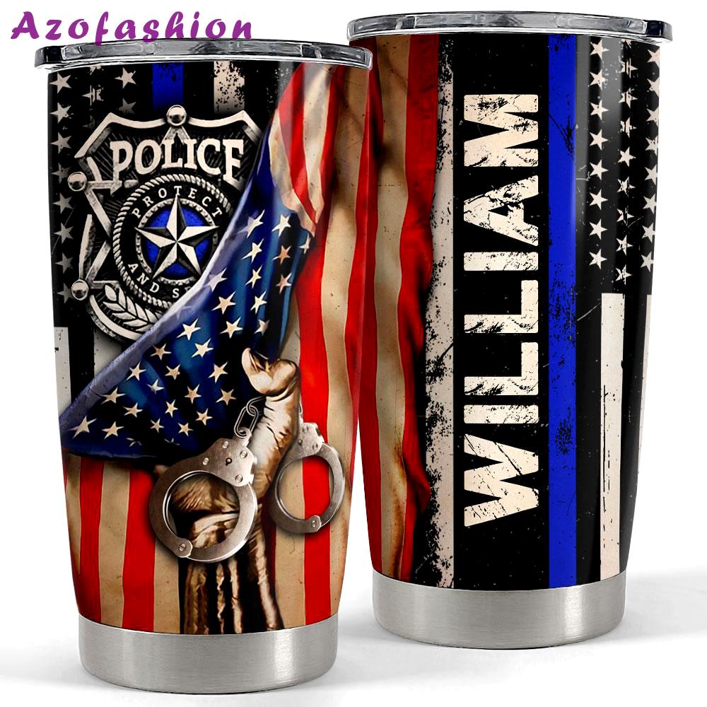 Personalized police tumbler with customize name american flag Personalized Tumbler