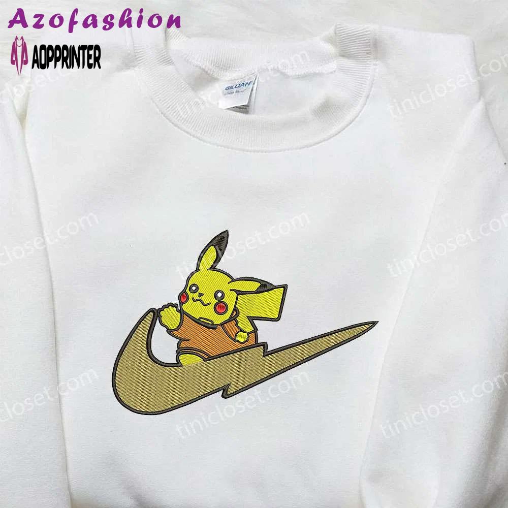 Pikachu embroidered sweatshirt: nike swoosh x pokemon inspired shirt Embroidered Shirt