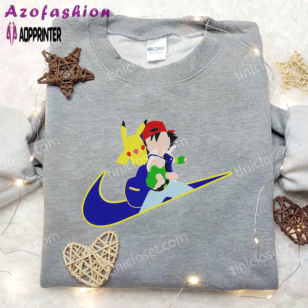 Pikachu & satoshi x nike anime embroidered hoodie & shirts: pokemon & nike inspired collection Embroidered Shirt