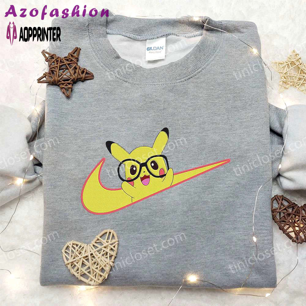 Pikachu x nike swoosh anime embroidered hoodie & pokemon nike inspired embroidered shirt Embroidered Shirt