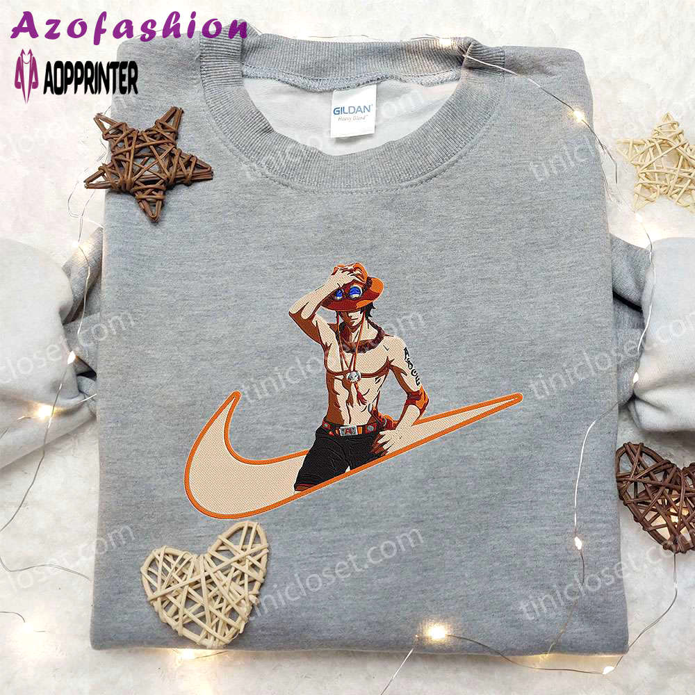 Portgas d ace x nike anime hoodie – embroidered one piece & nike inspired shirt Embroidered Shirt