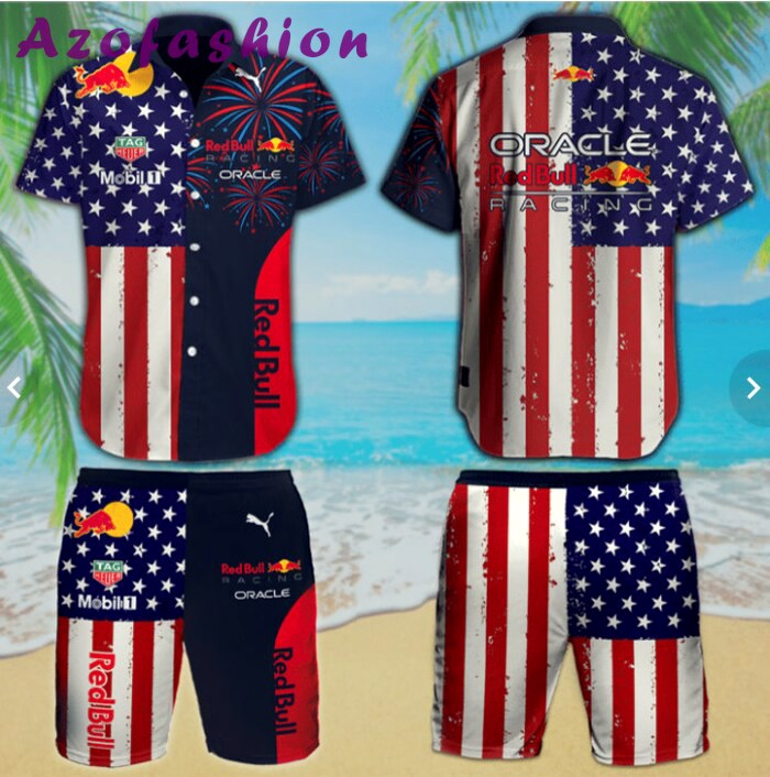 Red bull racing mix flag us hawaiian beach set Hawaii Shirt Shorts & Flip Flops