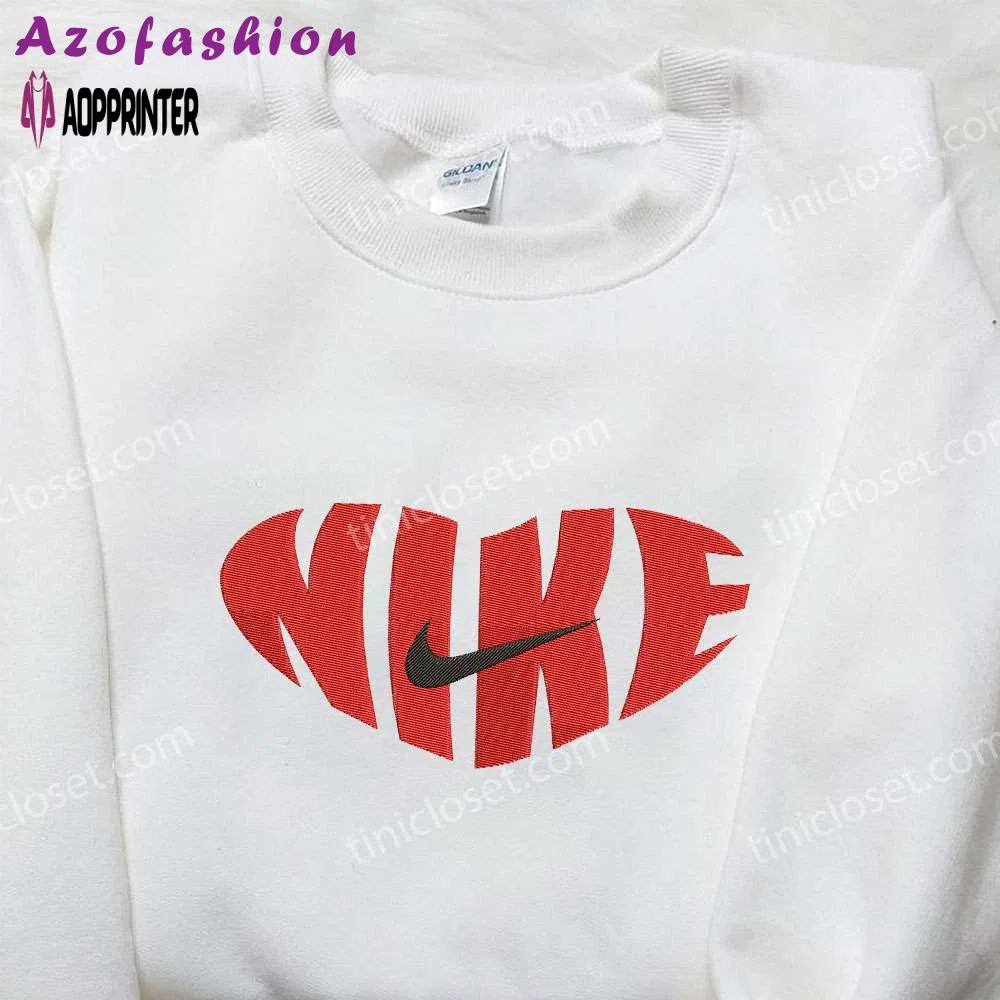 Red heart love x nike swoosh embroidered shirt – nike inspired logo shirt perfect valentine’s day gift Embroidered Shirt