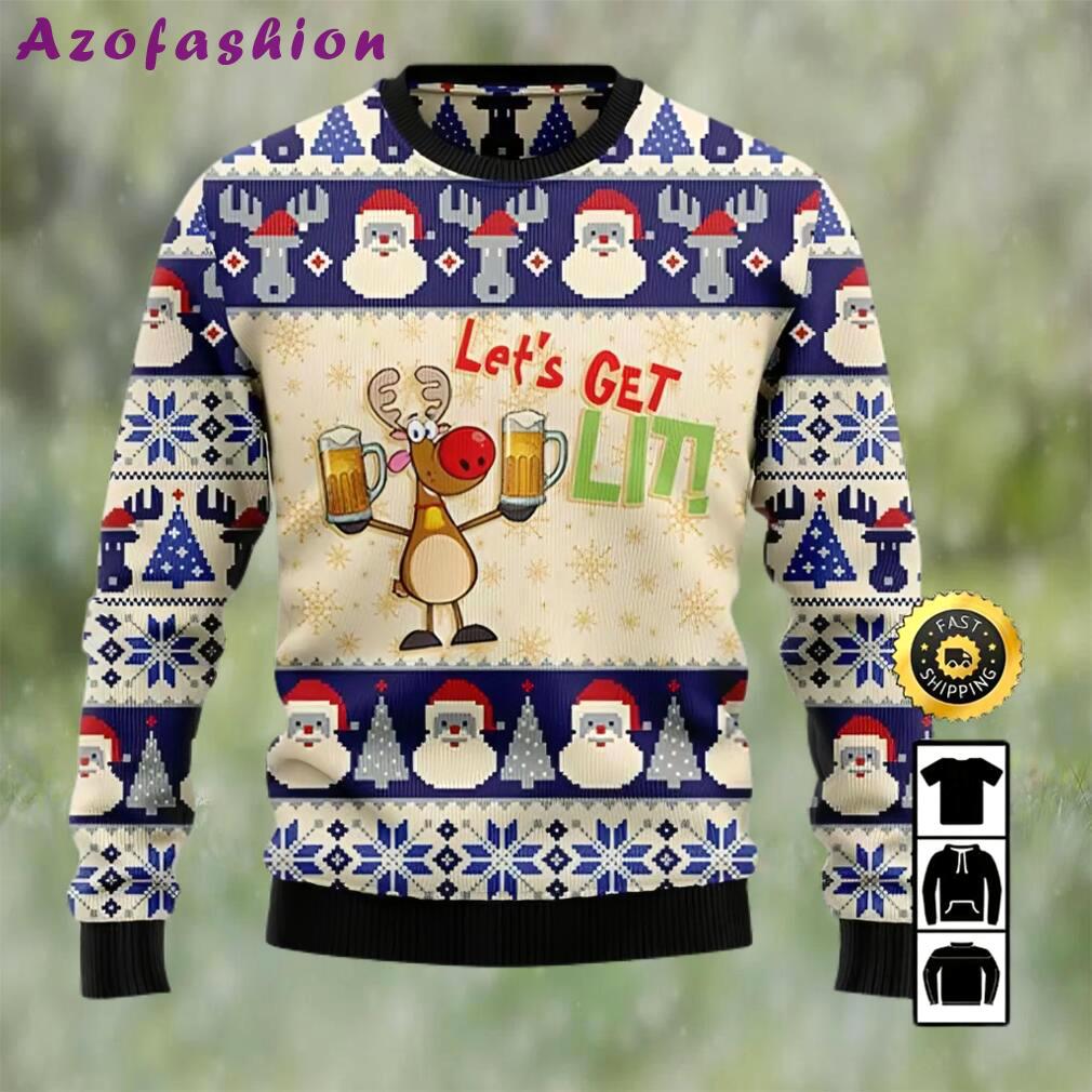 Reindeer let?s get lit beer ugly christmas sweater, faux wool sweater, international beer day, gifts for beer lovers, best christmas gifts for 2022, santa claus Christmas Ugly Sweater