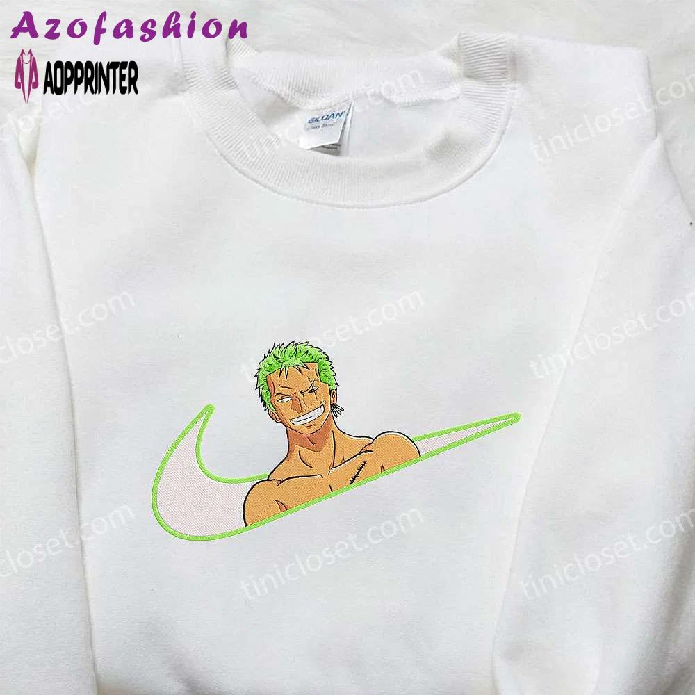 Roronoa zoro x nike swoosh anime hoodie: one piece & nike inspired embroidered shirt Embroidered Shirt