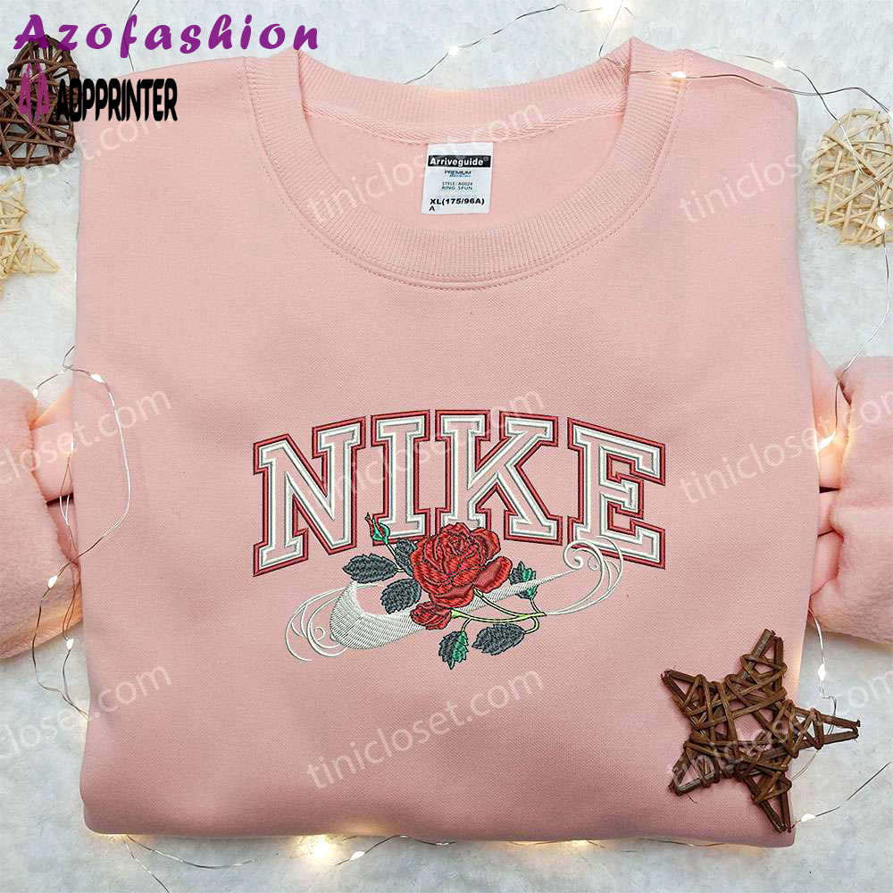 Rose x nike embroidered sweatshirt: flower shirt nike inspired – stylish & unique floral design Embroidered Shirt