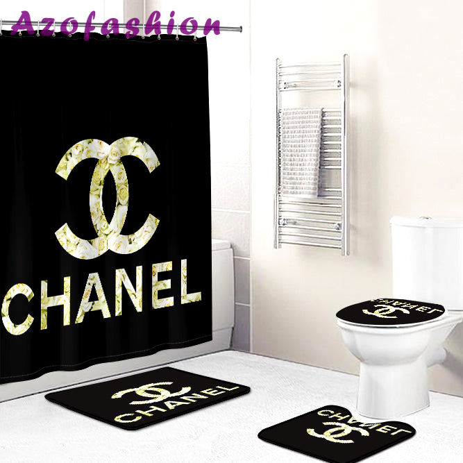 Rugs in living room and bedroom - Chanel black bathroom set hot 2023 luxury shower curtain bath rug mat home decor 155 Bathroom Accessory Sets