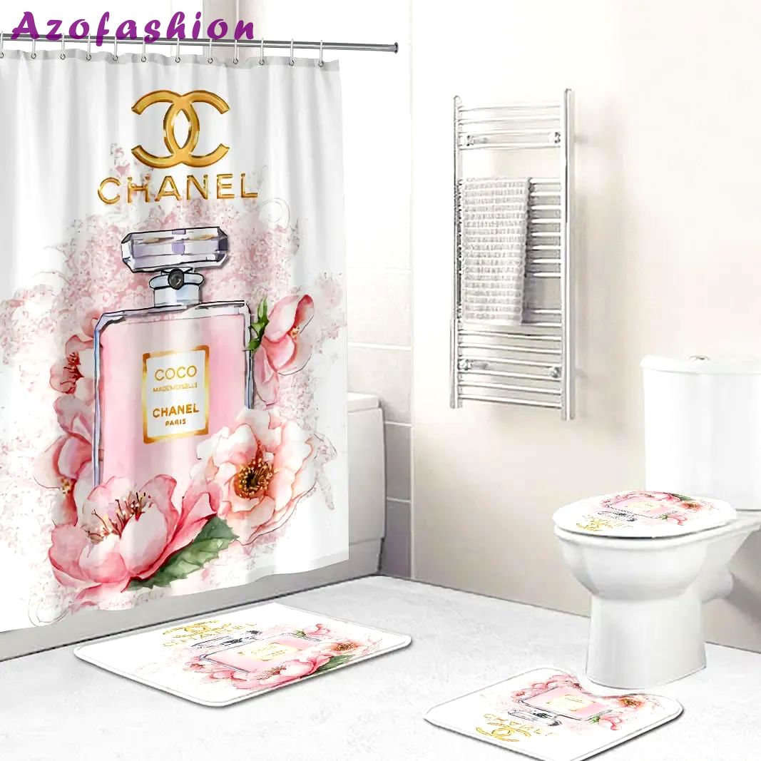 Rugs in living room and bedroom - Chanel perfume bathroom set hot 2023 luxury shower curtain bath rug mat home decor 276 Bathroom Accessory Sets