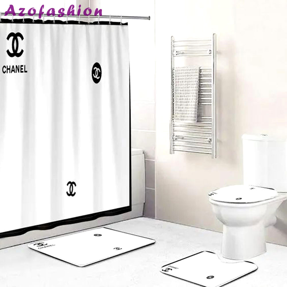 Rugs in living room and bedroom - Chanel white bathroom set hot 2023 luxury shower curtain bath rug mat home decor 314 Bathroom Accessory Sets