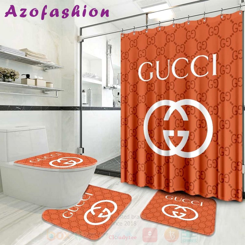 Rugs in living room and bedroom - Gucci orange bathroom set hot 2023 luxury shower curtain bath rug mat home decor 164 Bathroom Accessory Sets