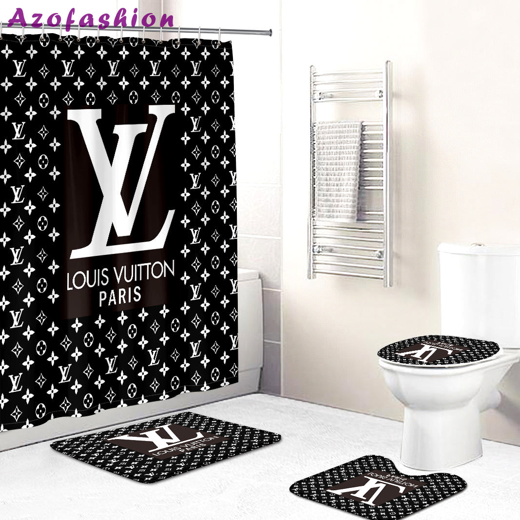 Rugs in living room and bedroom - Louis vuitton lv black bathroom set hot 2023 luxury shower curtain bath rug mat home decor 142 Bathroom Accessory Sets