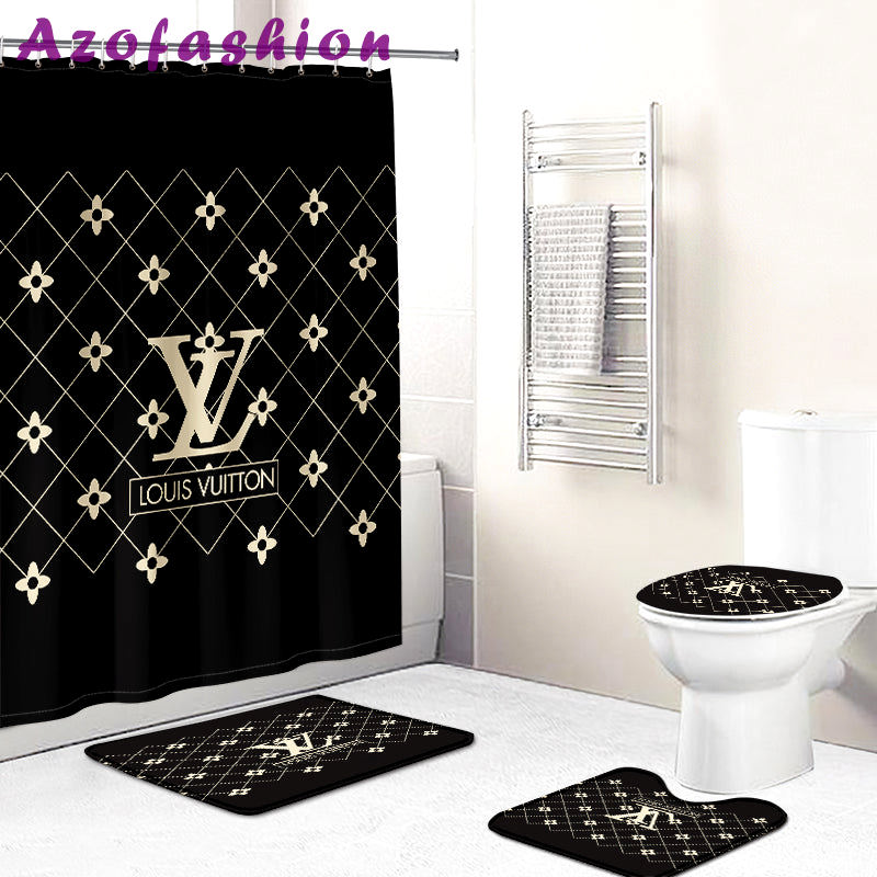 Rugs in living room and bedroom - Louis vuitton lv dark bathroom set hot 2023 luxury shower curtain bath rug mat home decor 141 Bathroom Accessory Sets