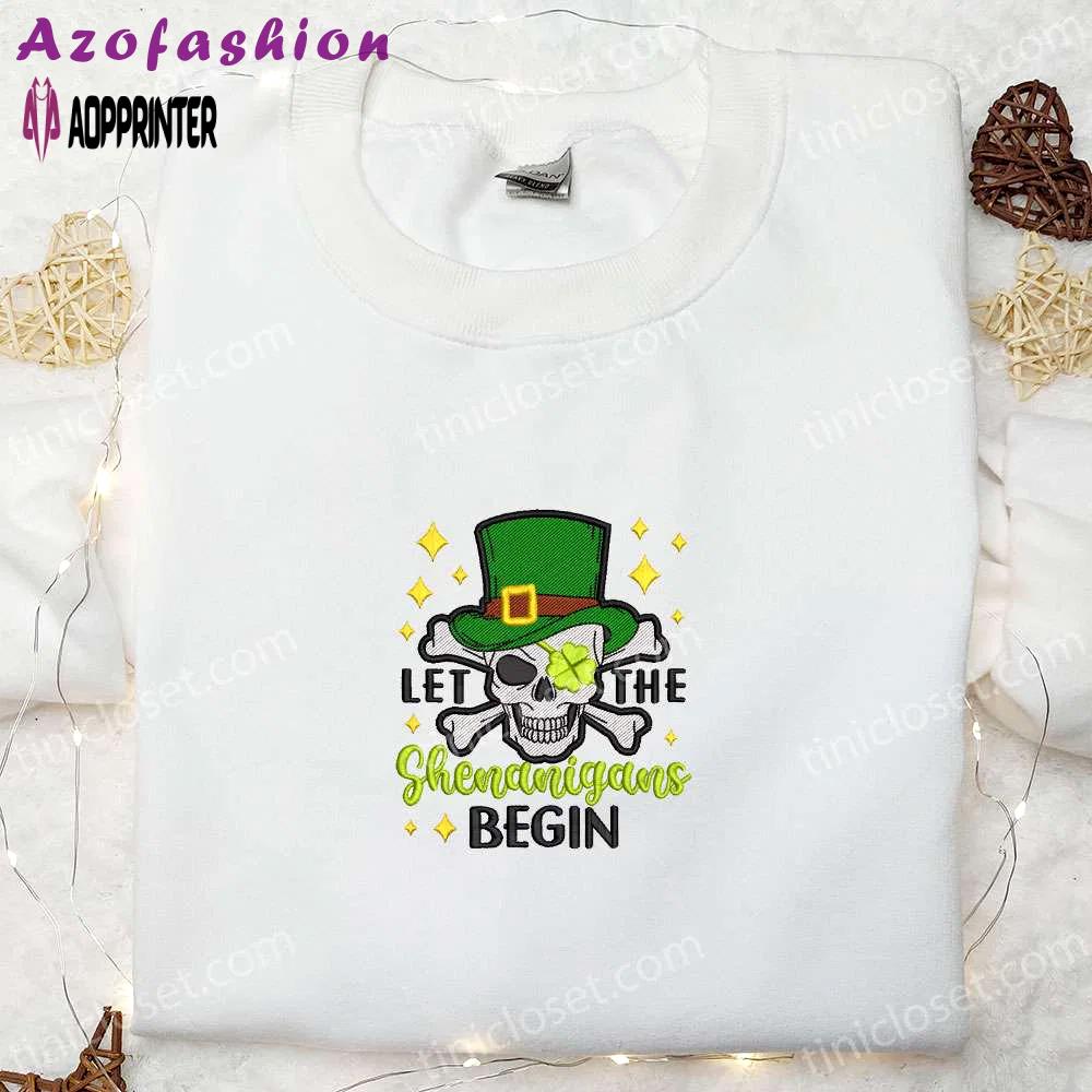 Shenanigans begin: shamrock skull embroidered shirt & hoodie – perfect st patrick s day gift Embroidered Shirt